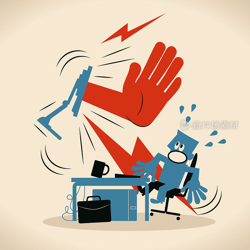 Big hand showing stop gesture to businessman (computer programmer, designer) who using computer at desk